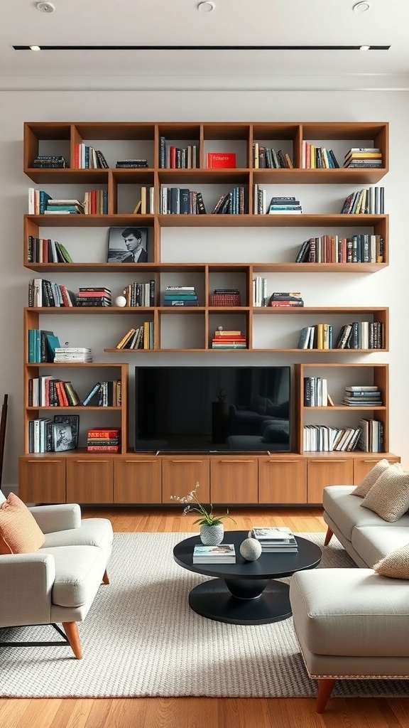 A modern sculptural wall bookshelf displaying various books and decorative items in a stylish living room.