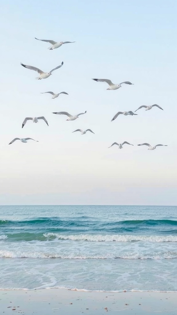Seagulls flying over the shore with gentle waves in the background