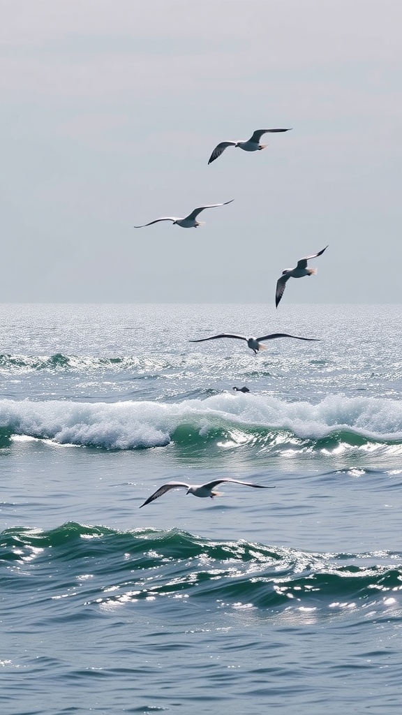 Seagulls flying over the ocean waves