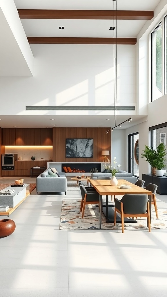 Open concept living and dining room with large windows, wooden accents, and modern furniture.