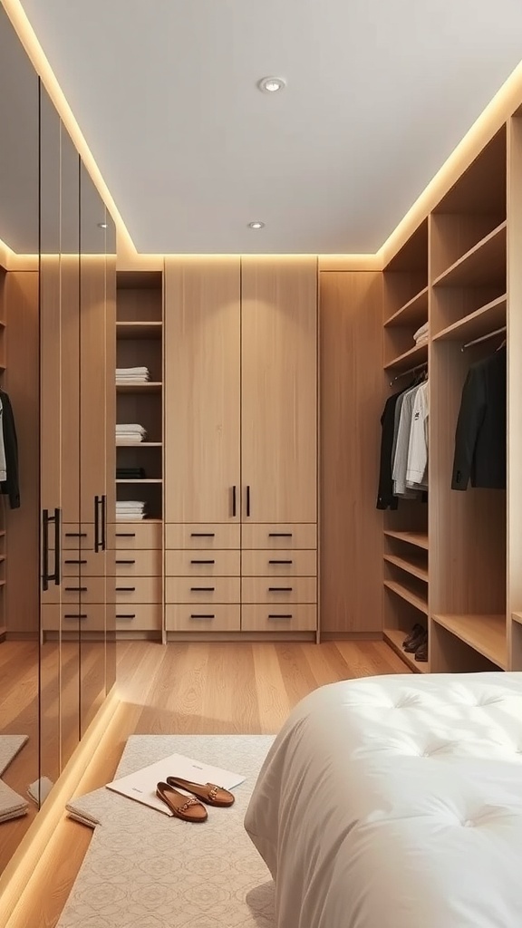 A minimalist walk-in closet with wooden shelves, drawers, and mirrored doors, seamlessly connecting to a bedroom.