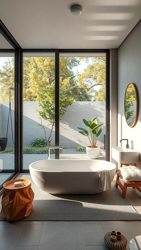 A modern bathroom with a seamless indoor-outdoor flow, featuring large glass doors, a white bathtub, and greenery visible outside.