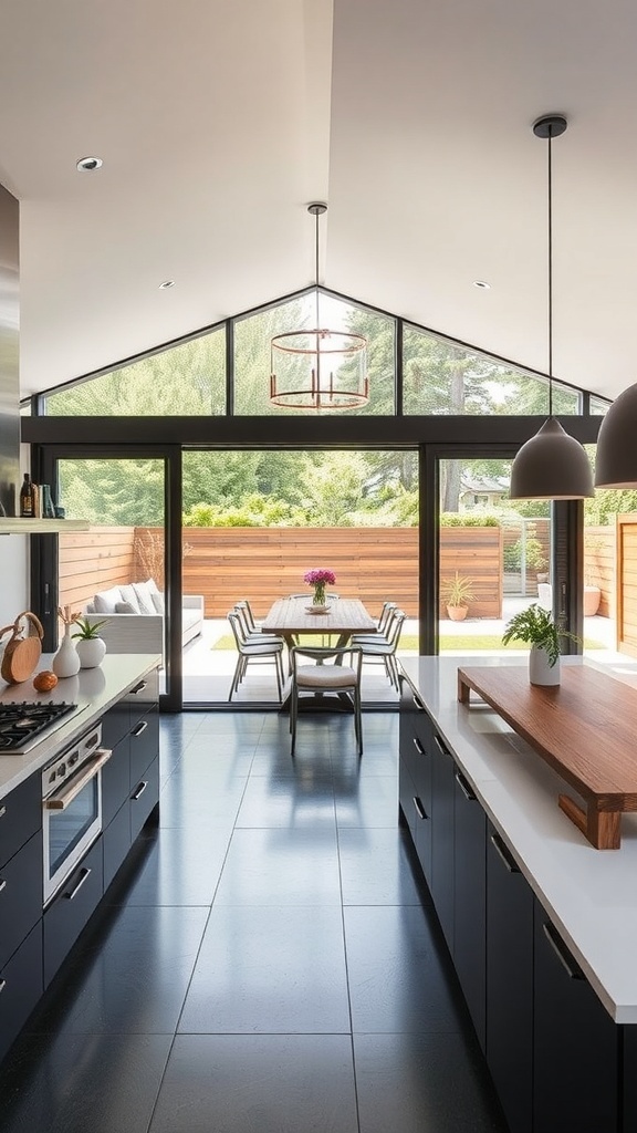 Modern luxury kitchen with seamless indoor-outdoor flow, featuring large glass doors and warm wooden cabinetry.