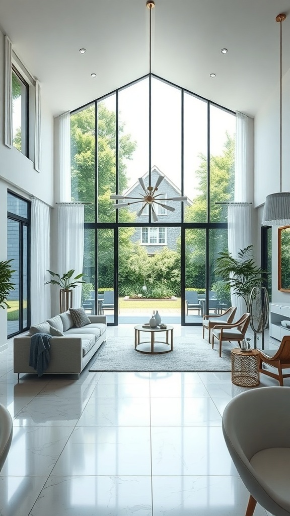 A bright and airy open concept living room with large glass doors leading to a garden.