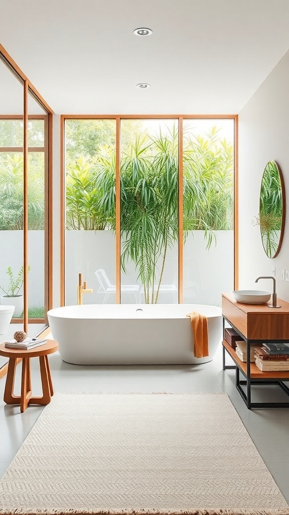 Modernes Badezimmer mit großen Fenstern, freistehender Badewanne und Pflanzen im Hintergrund