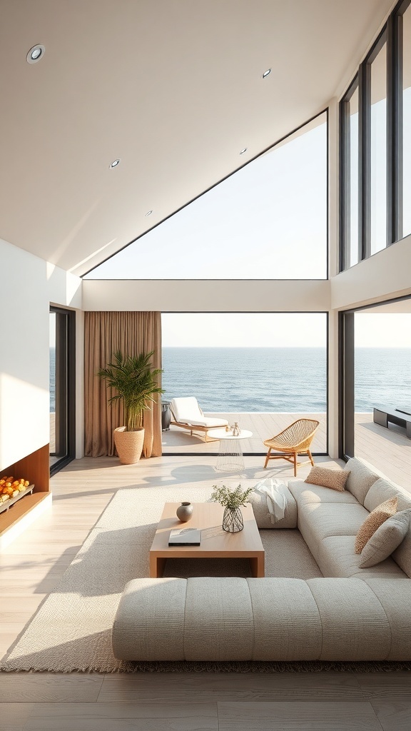 Modernes Wohnzimmer mit Blick auf das Wasser und nahtloser Verbindung zur Terrasse