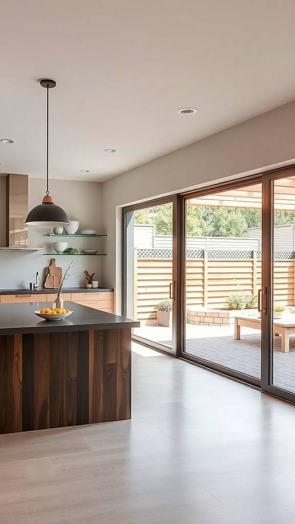 Modern kitchen with large glass doors leading to a backyard