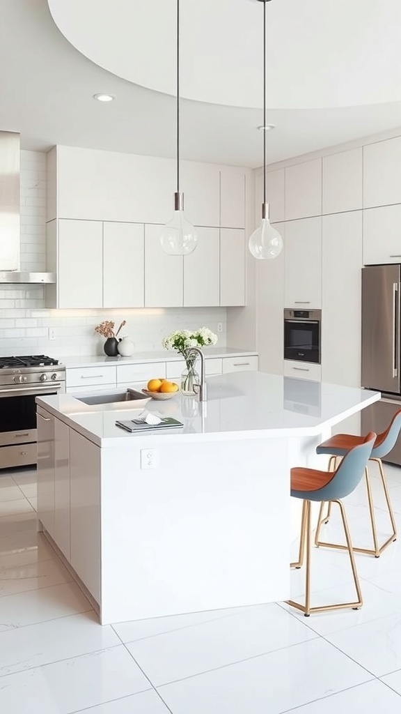 Modern kitchen with smart technology integration, featuring a sleek island and high-end appliances.