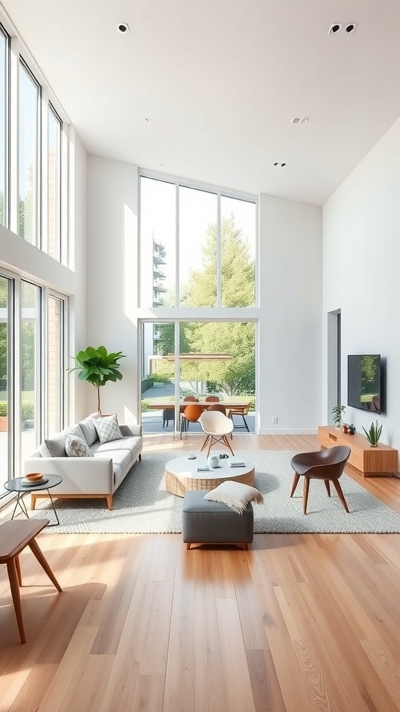 Bright open concept living and dining room with large windows, modern furniture, and natural elements.