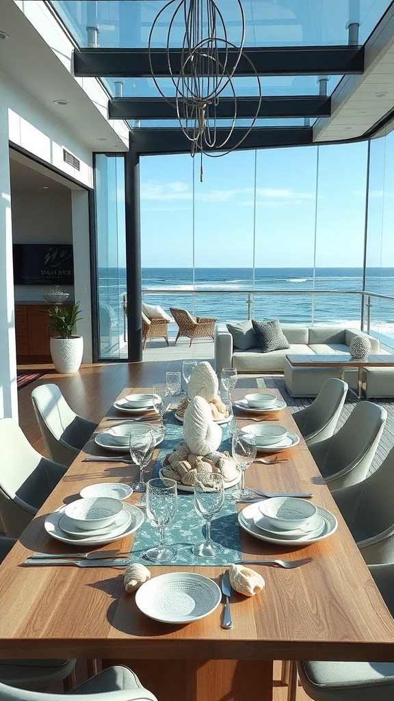 Dining table with seashell centerpiece and ocean view