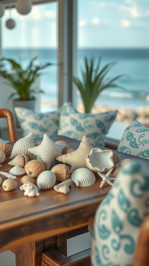 A collection of seashells on a wooden table with a view of the ocean in the background.
