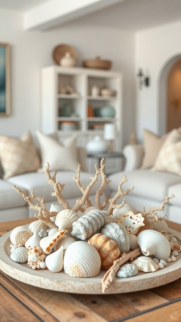 A decorative arrangement of seashells and coral on a wooden table in a cozy living room.