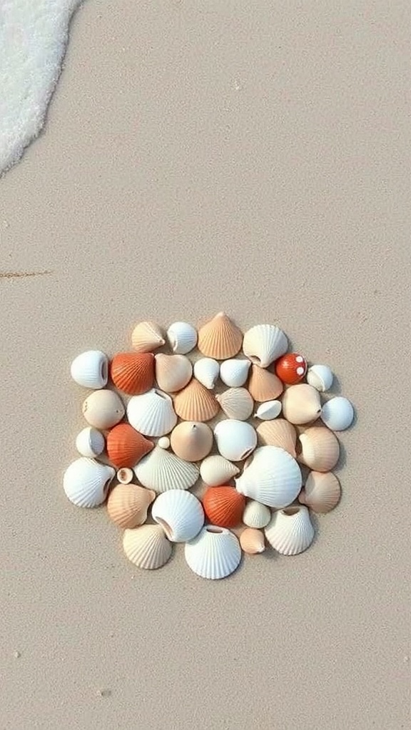 A collection of seashells arranged on sandy beach background