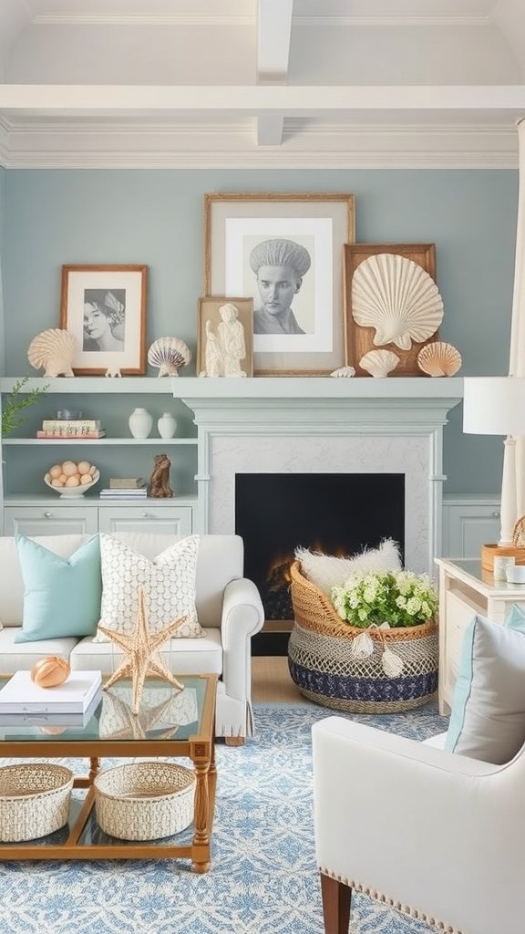 A cozy living room featuring seashell decor accents, including a starfish on the coffee table and various shells on the shelves.