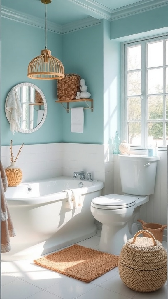 A bright bathroom featuring seashell decor elements.