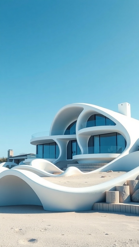A modern seaside-inspired house with flowing architectural shapes against a clear blue sky.