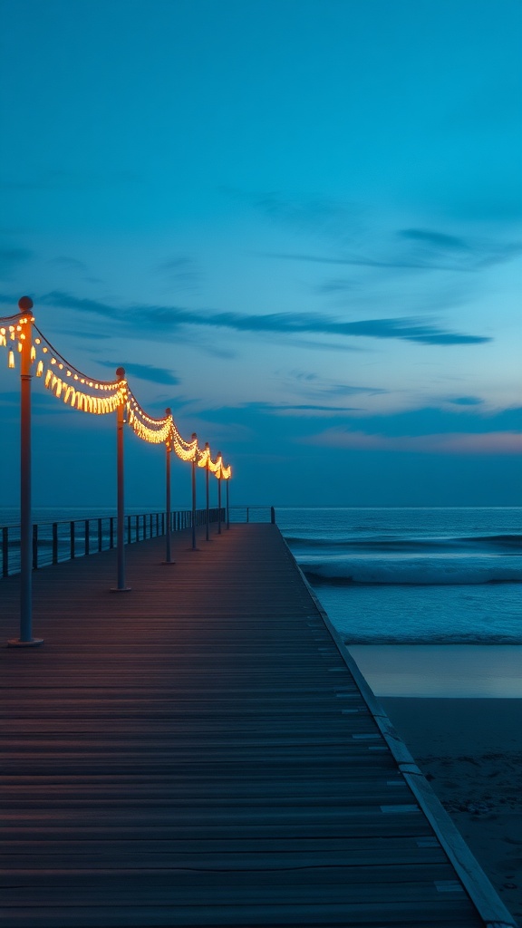 A seaside boardwalk illuminated with lights at twilight, overlooking calm ocean waves.