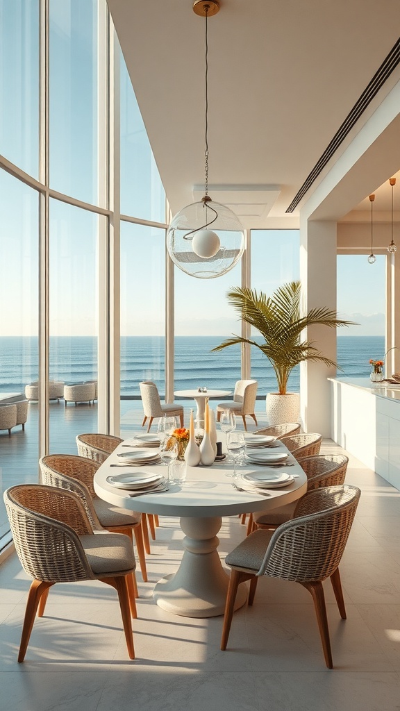 A bright seaside dining area with large windows overlooking the ocean, featuring a round table and woven chairs.