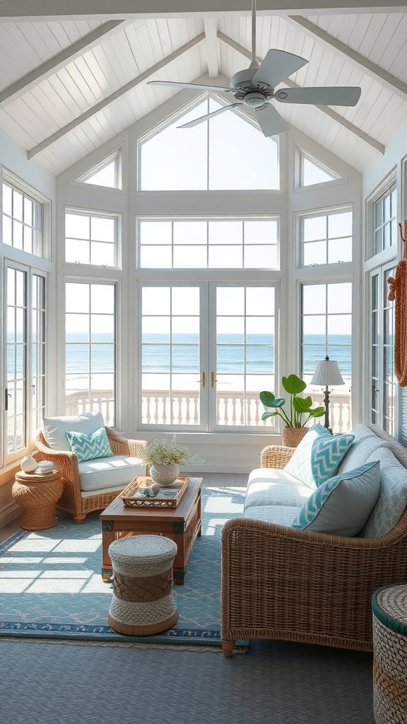 A bright and airy seaside sunroom with large windows overlooking the ocean, featuring wicker furniture and a light color palette.
