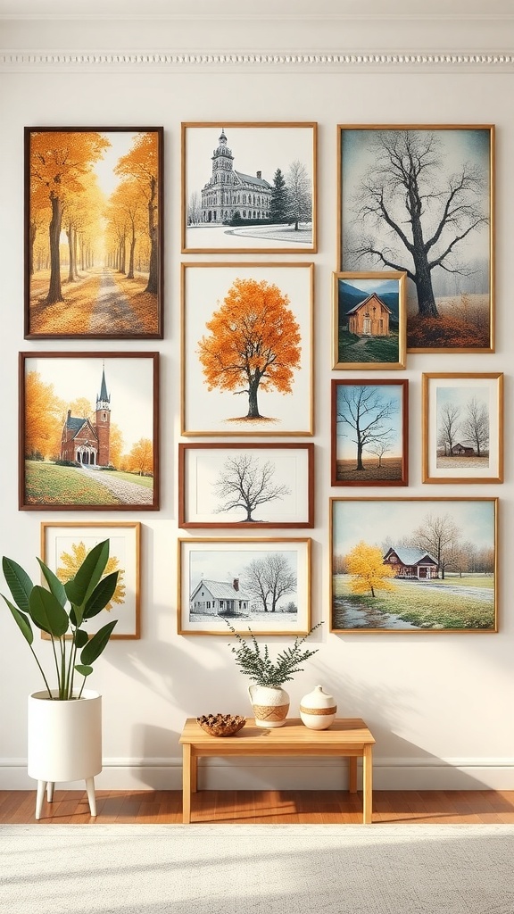 Gallery wall featuring seasonal art with autumn themes, including trees and landscapes.