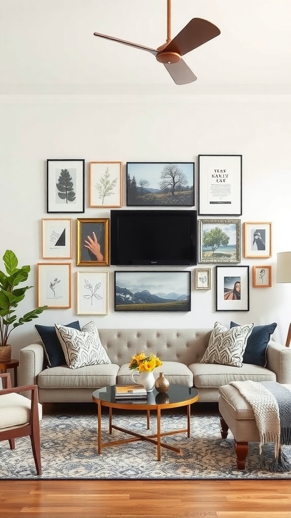 A cozy living room with a gallery wall featuring various framed artworks and a stylish sofa.