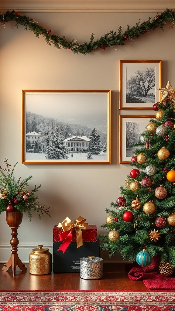 A cozy holiday corner featuring a decorated Christmas tree, framed winter prints on the wall, and festive decorations.