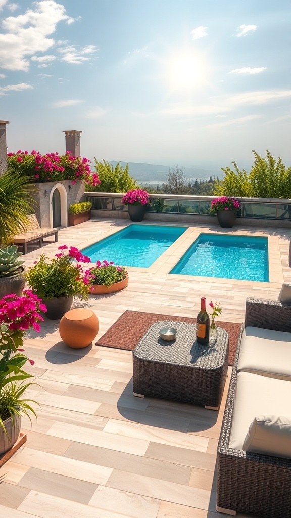 Ein luxuriöser Dachgarten mit einem Pool, umgeben von blühenden Pflanzen und einem schönen Ausblick.