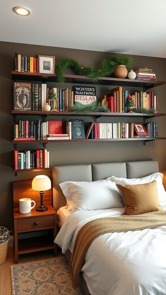 A cozy bedroom with a wall bookshelf displaying books and seasonal decor, featuring pine branches and ornaments.