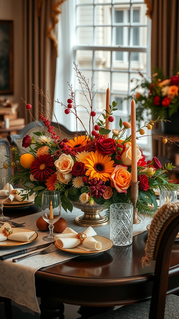 A beautifully arranged seasonal centerpiece featuring colorful flowers, fruits, and candles on a dining table.