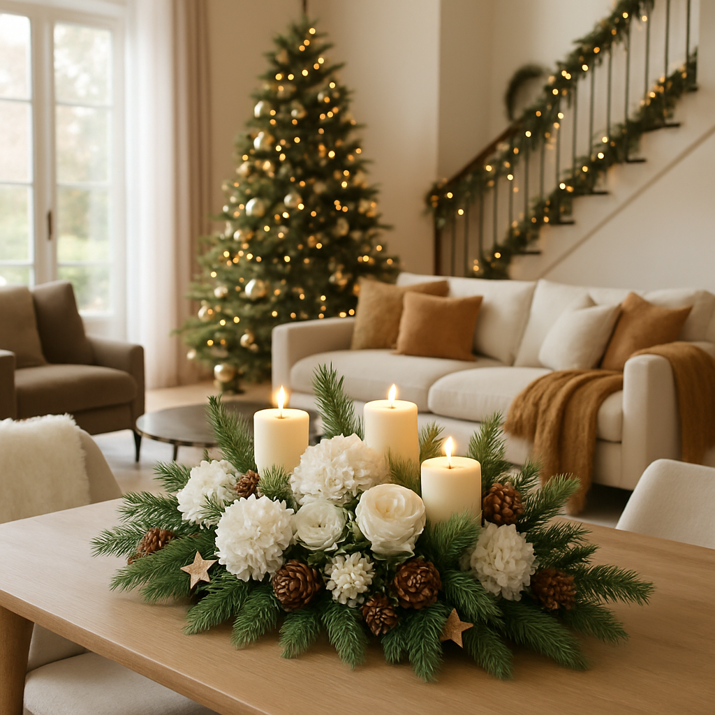 Gemütliche Wintertischdekoration mit Kerzen und Blumen, Weihnachtsbaum im Hintergrund