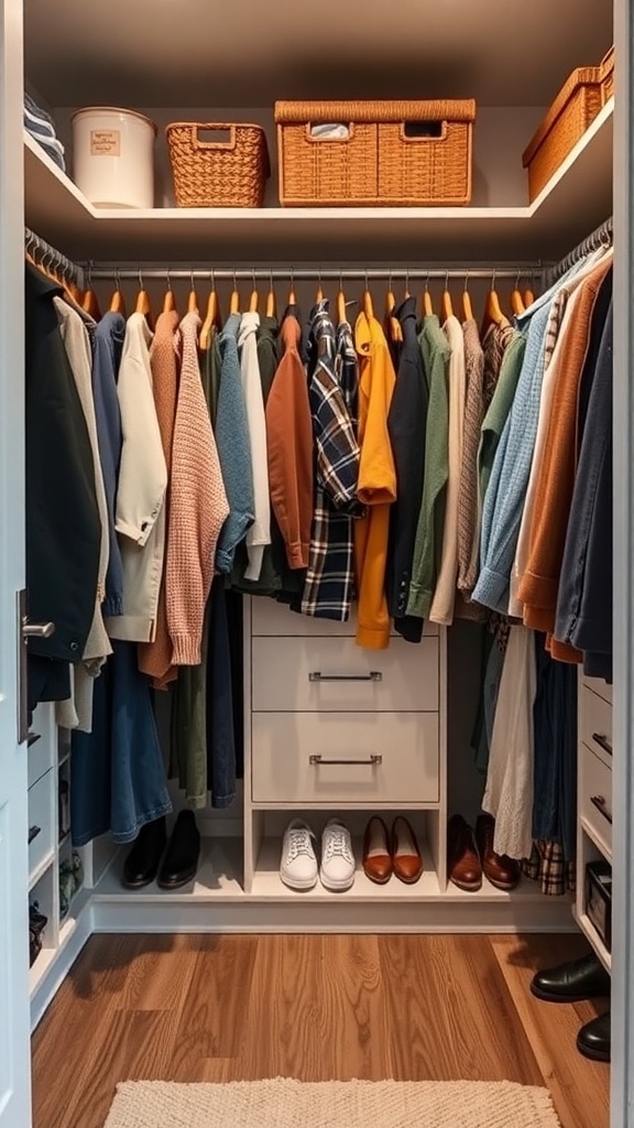 A well-organized walk-in closet with seasonal clothing neatly hung and storage bins on the shelves.