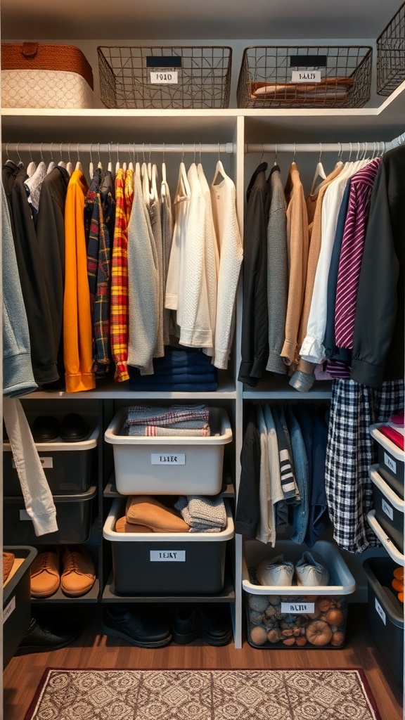 Organized closet with seasonal clothing and labeled bins.