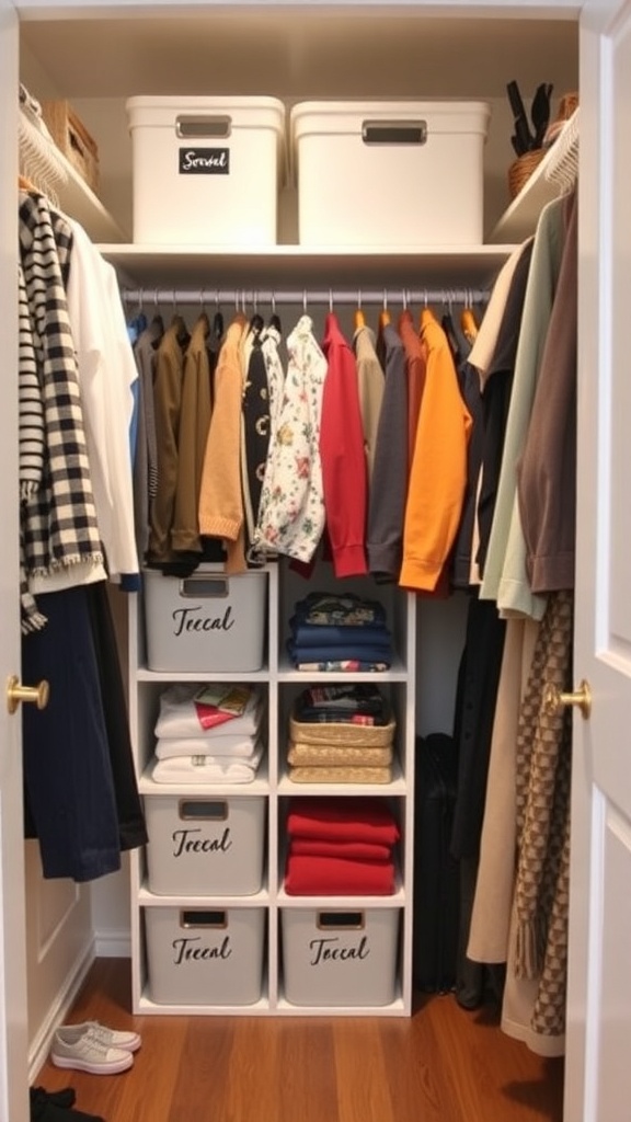 A well-organized closet with seasonal clothing storage solutions.