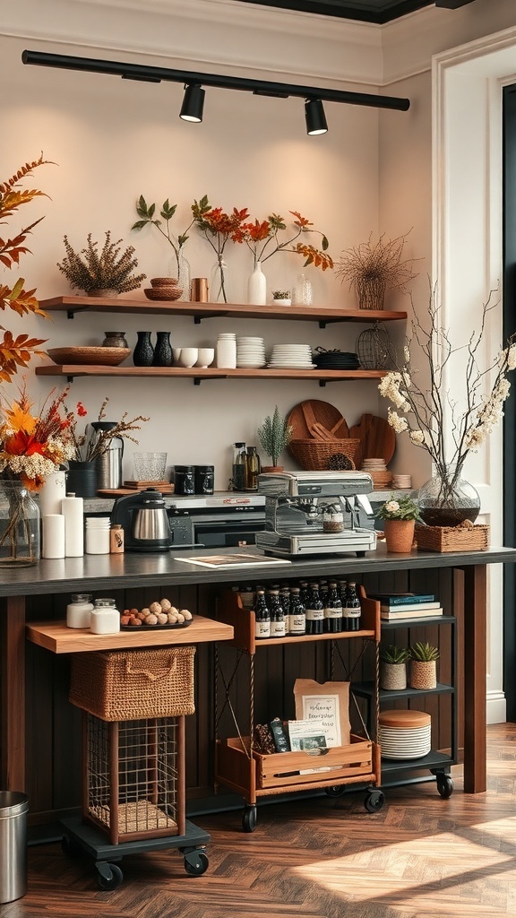 A cozy coffee bar decorated for autumn with fall foliage, coffee supplies, and warm tones.