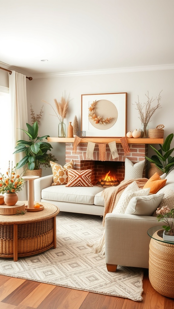 A cozy living room featuring warm seasonal colors with a fireplace, plants, and decorative pillows.