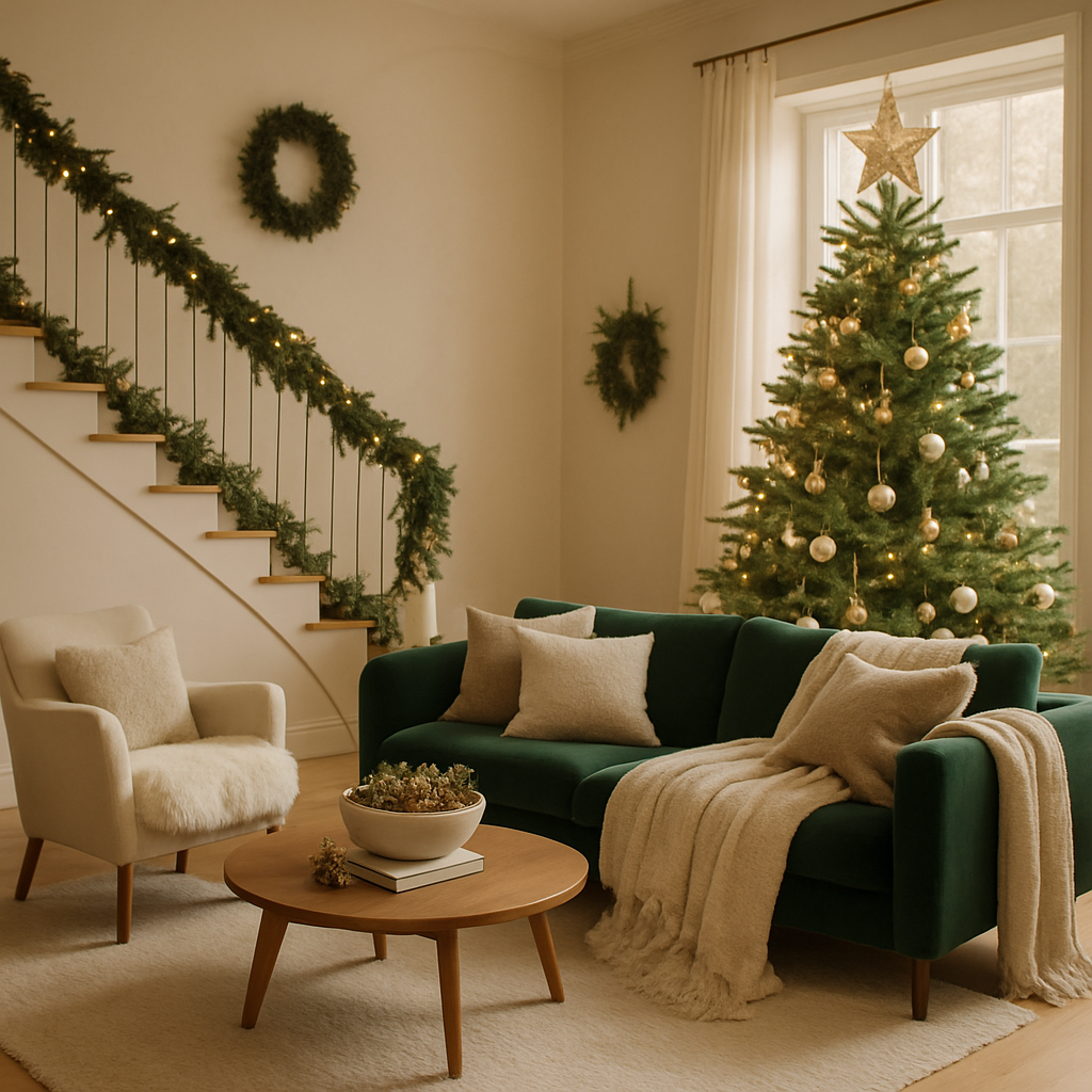 Gemütliches Wohnzimmer mit Weihnachtsbaum und festlicher Dekoration