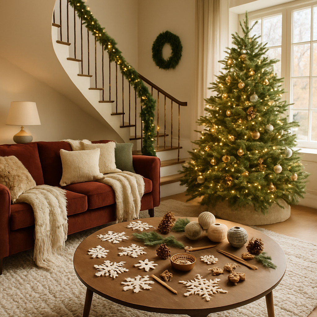 Gemütliches Wohnzimmer mit Weihnachtsbaum, roten Sofa und saisonalen Dekorationen