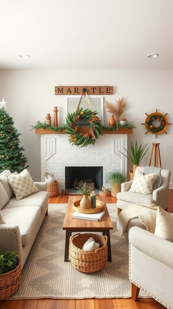 Cozy living room with seasonal decor accents, including a Christmas tree and a wreath on the fireplace.