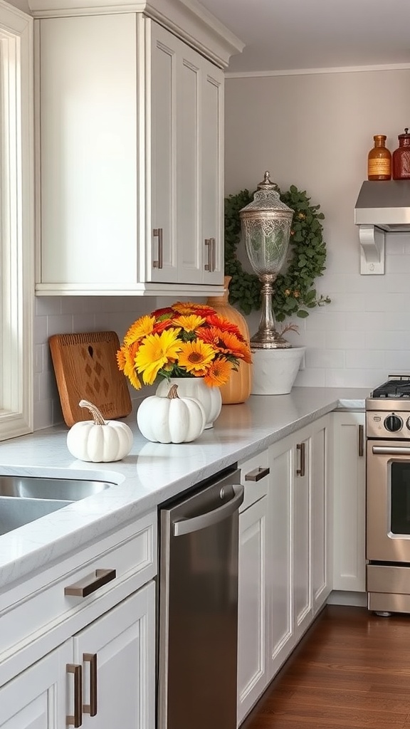 A kitchen countertop styled with autumn decor, featuring sunflowers, white pumpkins, and a decorative wreath.