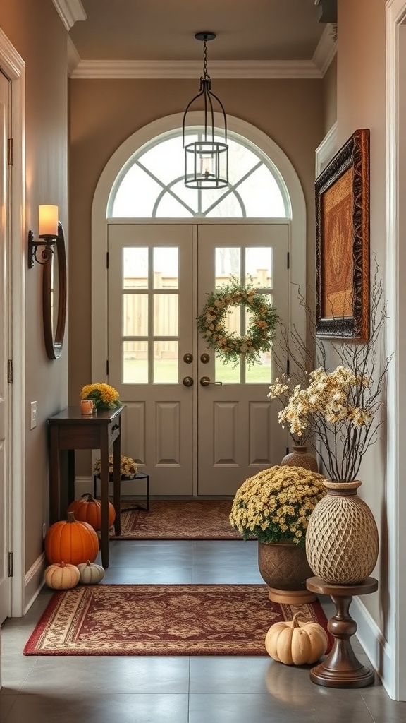 A stylish entryway decorated for fall with pumpkins, flowers, and a wreath.