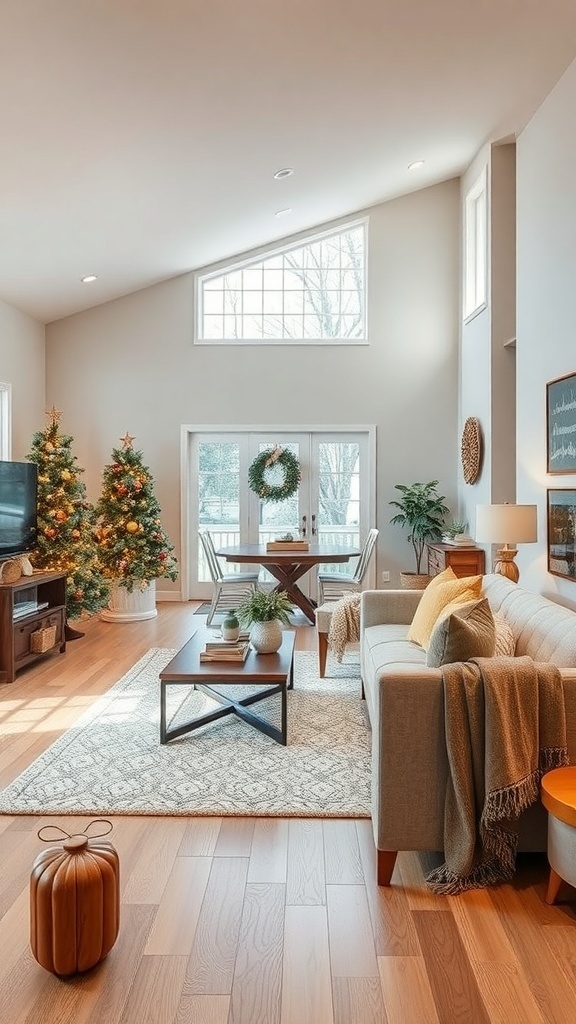 Cozy open concept living and dining room decorated for the holidays with Christmas trees and a wreath.
