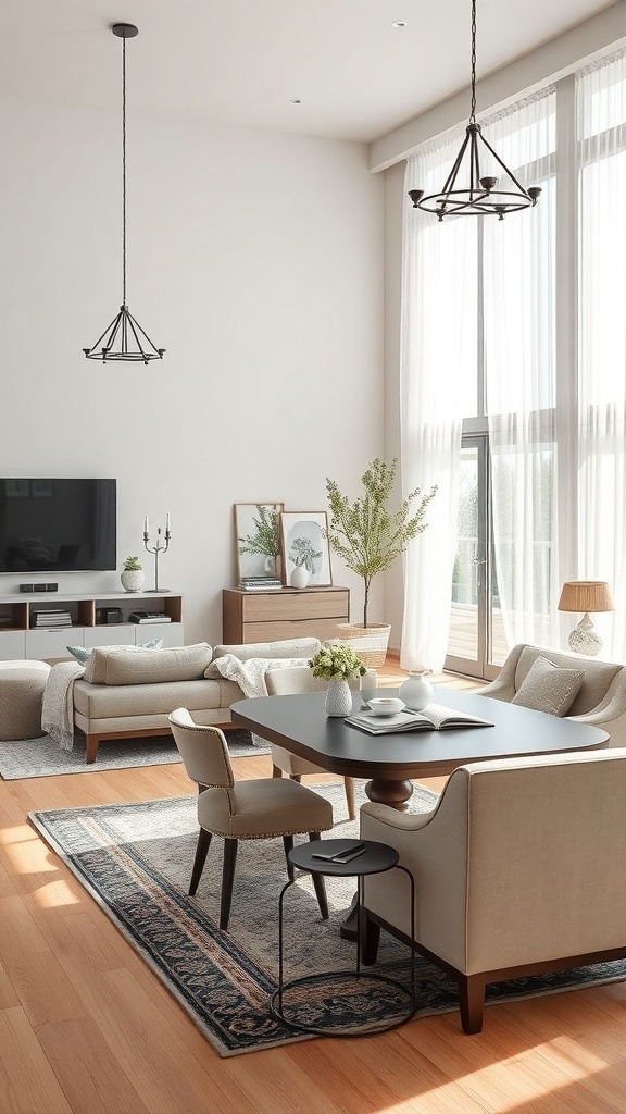 A bright open concept living and dining room with neutral furniture and large windows.