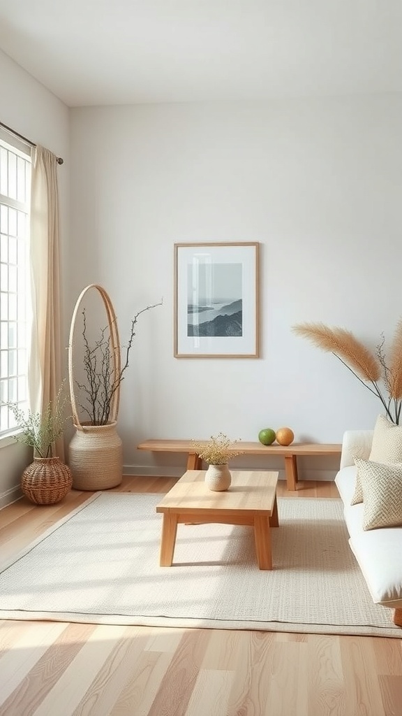 A minimalist Japandi style living room with wooden furniture, neutral colors, and seasonal decor elements.