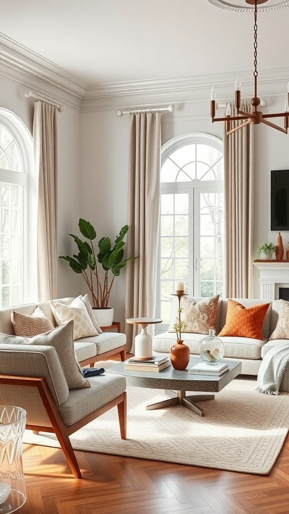 A bright and stylish living room with natural light, featuring soft-colored sofas, decorative cushions, a coffee table, and a potted plant.