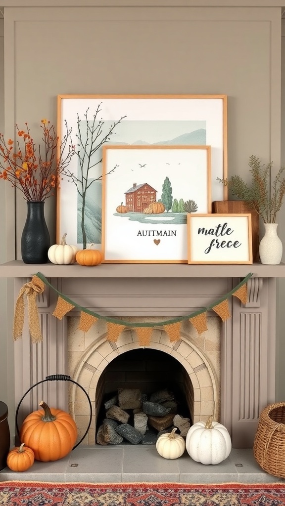 A cozy mantel decorated for autumn with framed art, pumpkins, and natural elements.