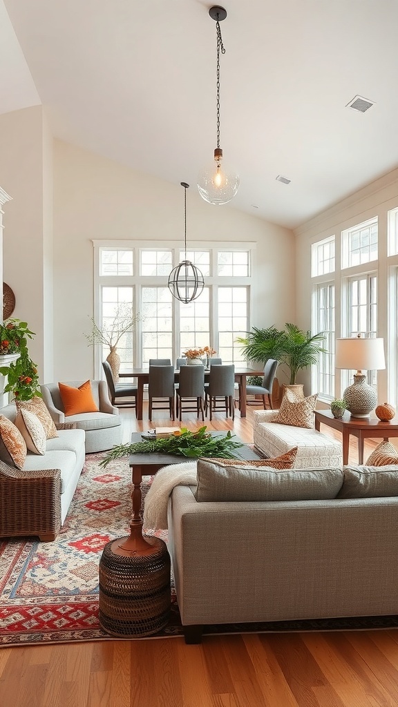 Open concept living and dining room with natural light, gray sofas, and seasonal decor