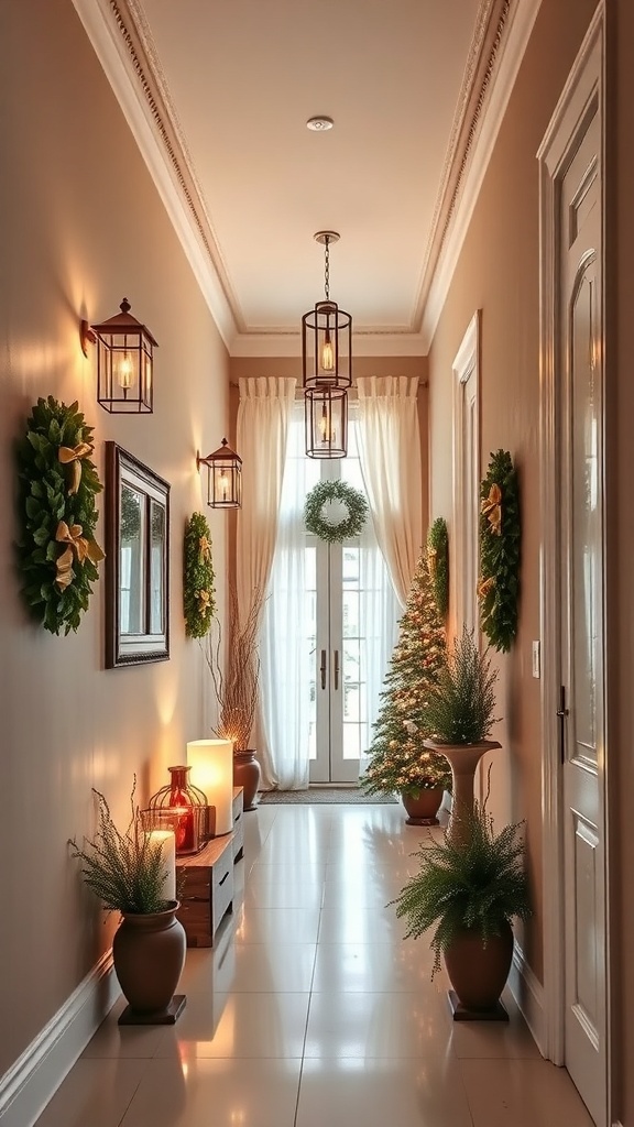 A narrow hallway decorated for the holiday season with a Christmas tree, wreaths, and warm lighting.