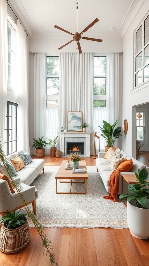 A cozy boho and eclectic living room with large windows, light curtains, plants, and warm decor.