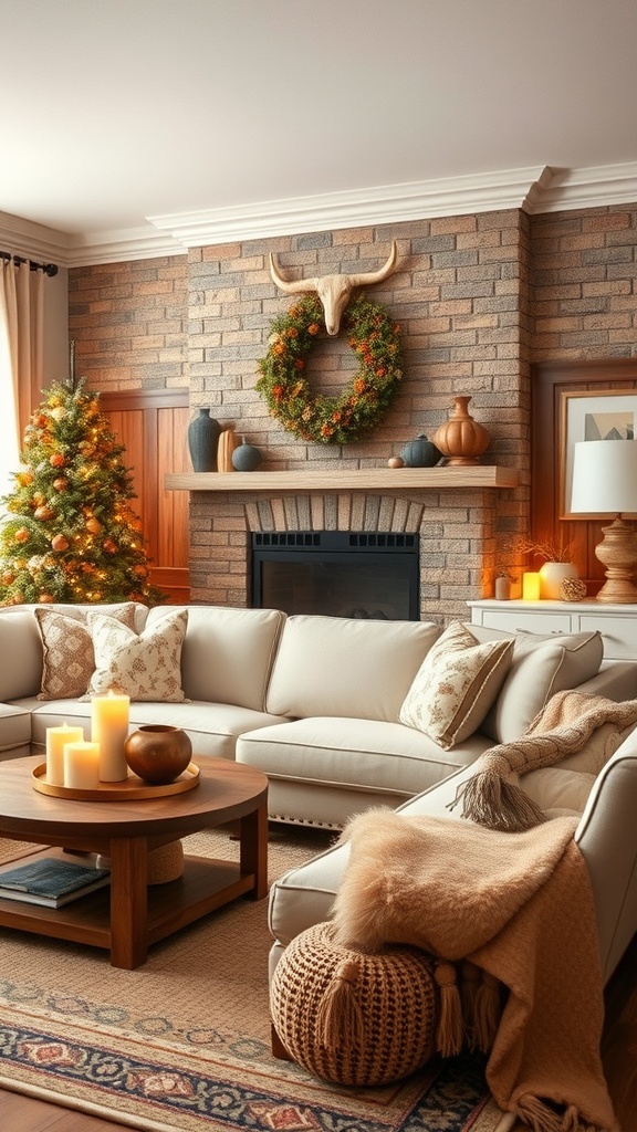 Cozy living room with seasonal decor including a wreath, candles, and a small Christmas tree.
