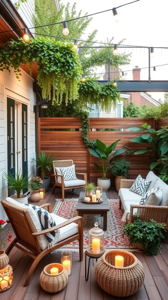 A stylish outdoor patio with plants, cozy seating, and decorative candles.